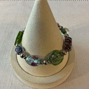Murano Glass Bead Stretch Silver Tone Stretch Bracelet